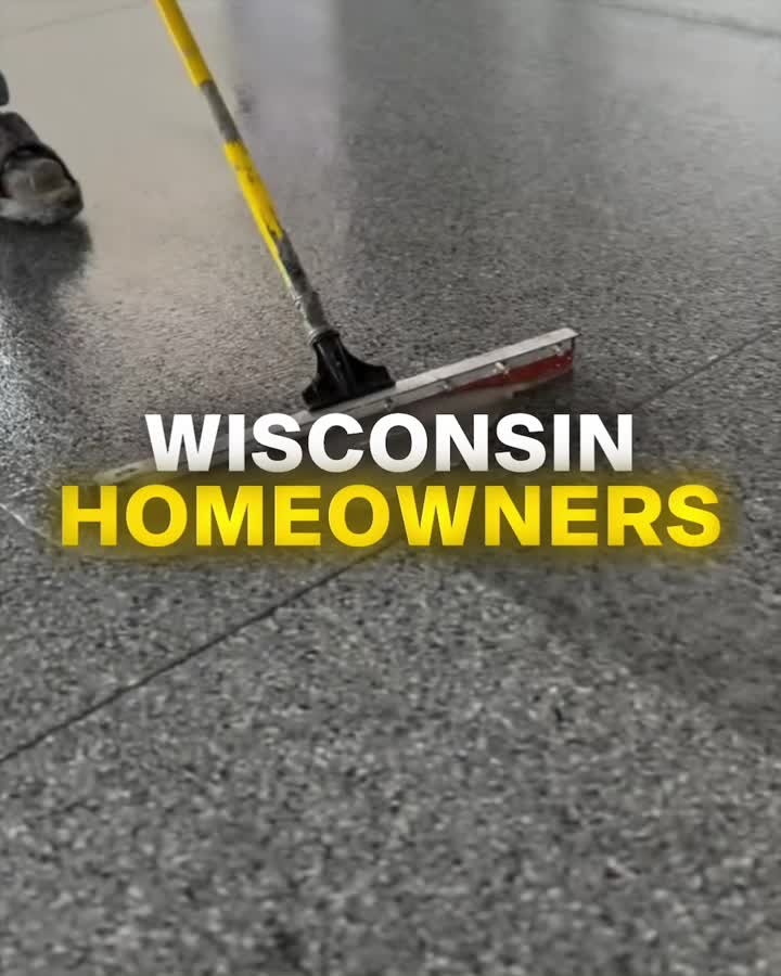 Frame from the archived client video showing flooring work and the headline Wisconsin homeowners.